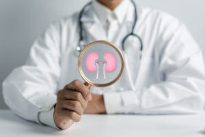 Doctor holding magnifying glass looking at kidneys.