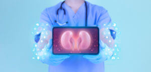 A male nephrologist doctor on a light blue background analyzes kidneys through his tablet.