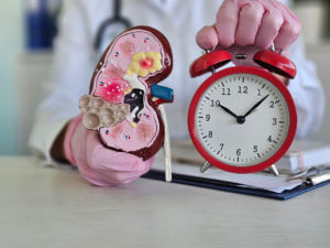 Nephrologist holds an alarm clock with a kidney model in clinic.