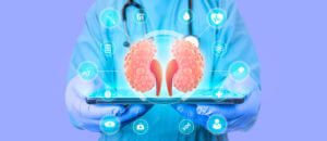 A nephrologist with tablet shows kidney hologram with cysts and technology medicine icons.