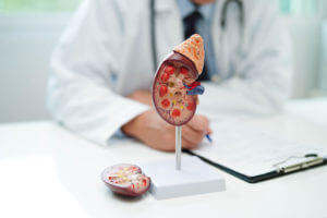 A nephrologist with a medical model during a patient consultation for renal failure treatment.
