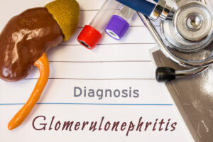 Figure of kidney lies next to incription of diagnosis of glomerulonephritis, result of ultrasound stethoscope and lab test tubes.